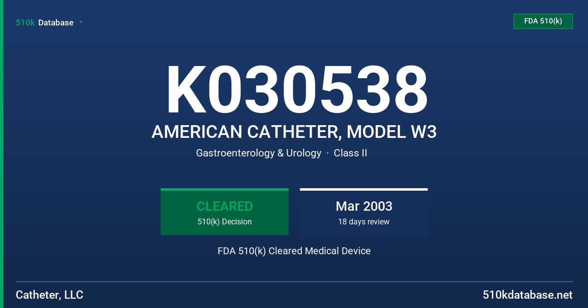 K030538 AMERICAN CATHETER, MODEL W3 FDA 510(k) Cleared Medical Device