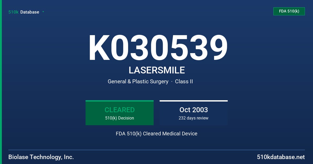 K030539 LASERSMILE FDA 510(k) Cleared Medical Device