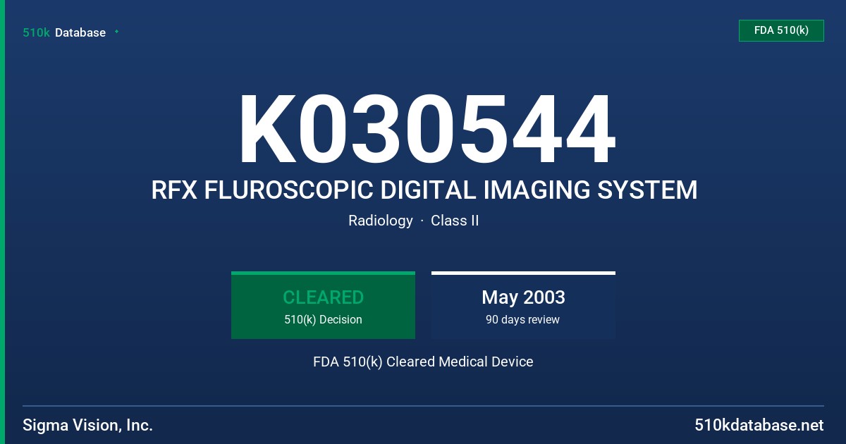 K030544 RFX FLUROSCOPIC DIGITAL IMAGING SYSTEM FDA 510(k) Cleared Medical Device