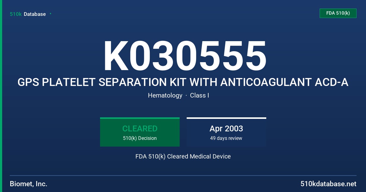 K030555 GPS PLATELET SEPARATION KIT WITH ANTICOAGULANT ACD-A FDA 510(k) Cleared Medical Device
