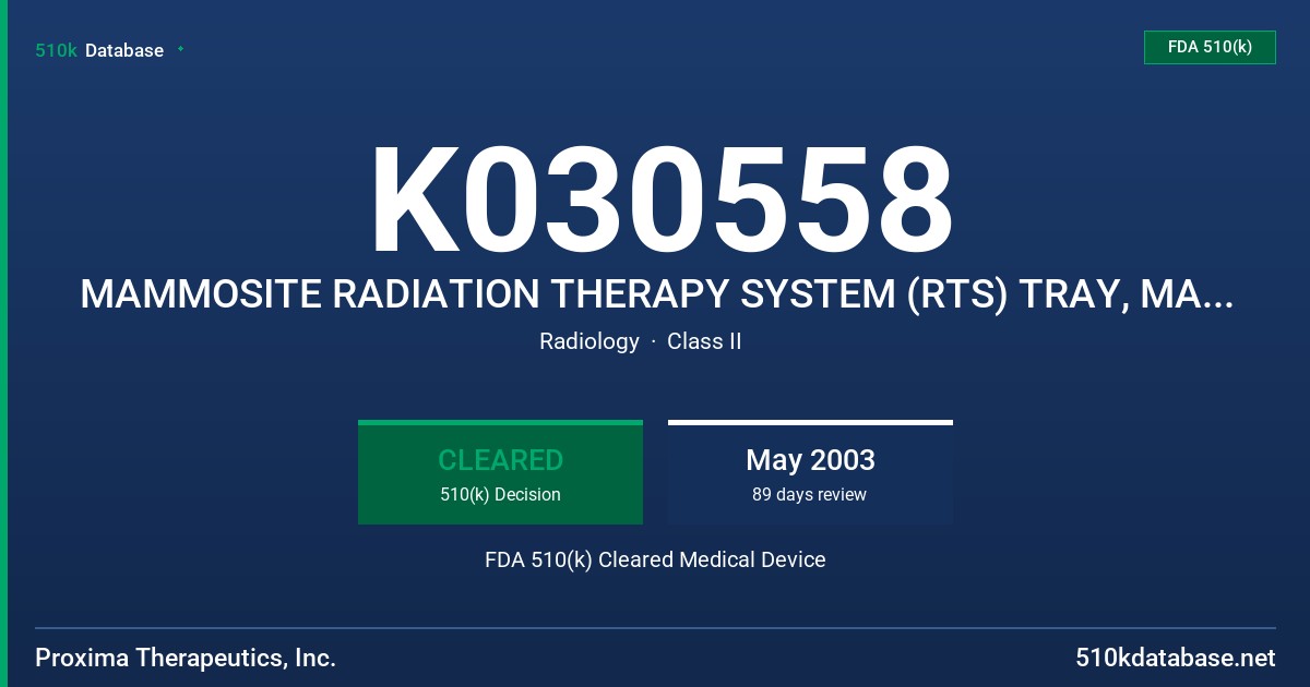 K030558 MAMMOSITE RADIATION THERAPY SYSTEM (RTS) TRAY, MAMMOSITE HDR AFTERLOADER ACCESSORIES TRAY FDA 510(k) Cleared Medical Device