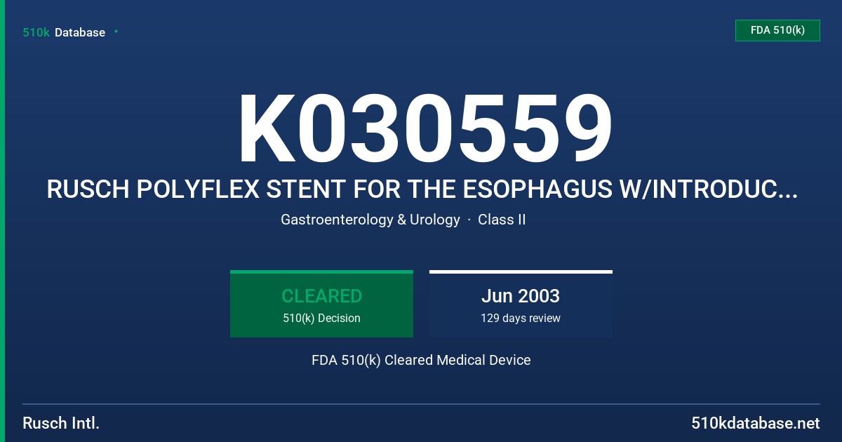 K030559 RUSCH POLYFLEX STENT FOR THE ESOPHAGUS W/INTRODUCER/DELIVERY SYSTEM FDA 510(k) Cleared Medical Device