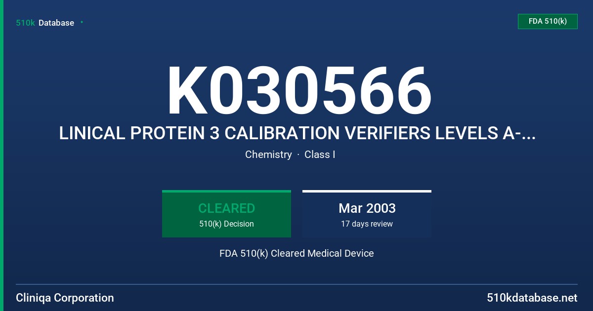 K030566 LINICAL PROTEIN 3 CALIBRATION VERIFIERS LEVELS A-E FOR THE OLYMPUS AU SERIES CHEMISTRY IMMUNO ANALYZERS FDA 510(k) Cleared Medical Device