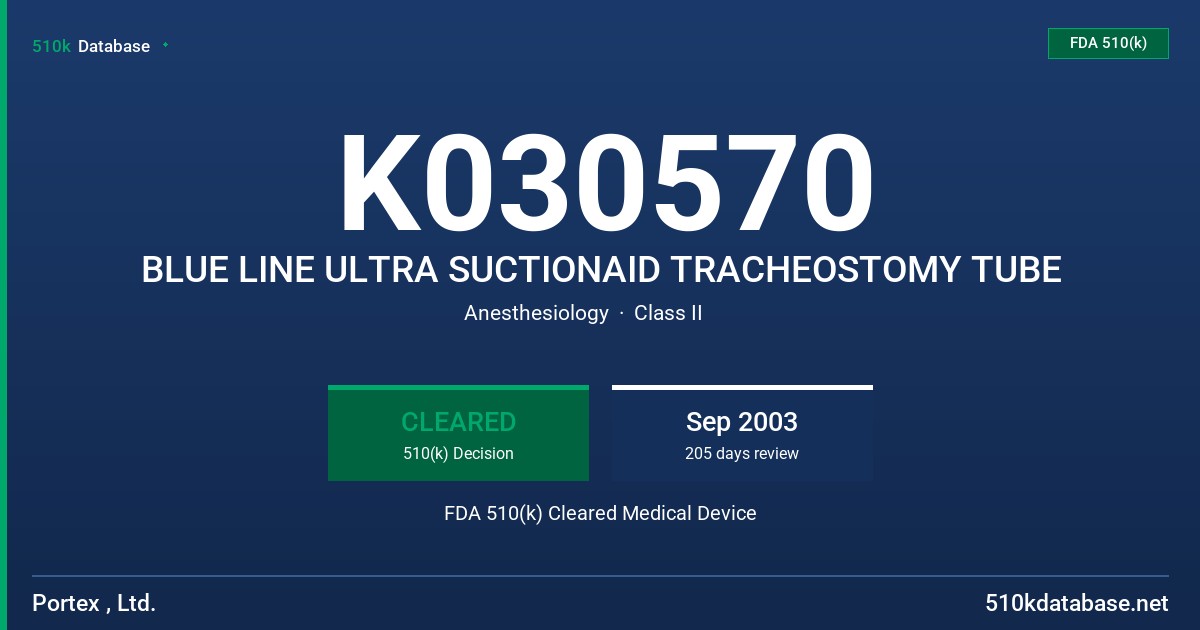 K030570 BLUE LINE ULTRA SUCTIONAID TRACHEOSTOMY TUBE FDA 510(k) Cleared Medical Device