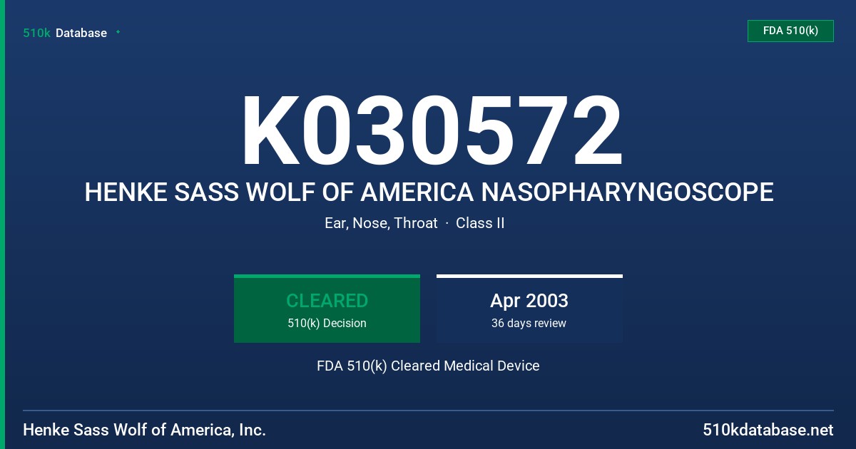K030572 HENKE SASS WOLF OF AMERICA NASOPHARYNGOSCOPE FDA 510(k) Cleared Medical Device