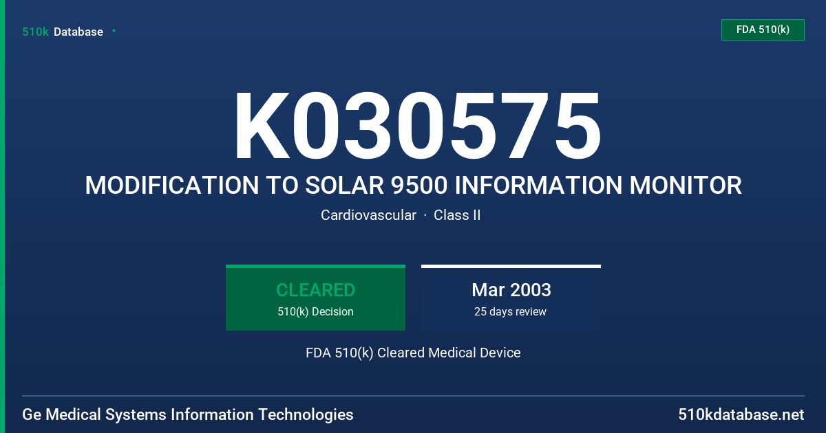 K030575 MODIFICATION TO SOLAR 9500 INFORMATION MONITOR FDA 510(k) Cleared Medical Device