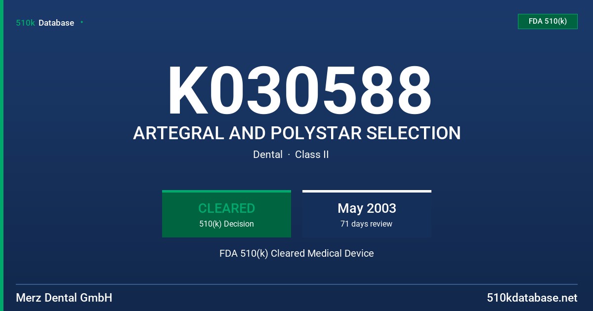 K030588 ARTEGRAL AND POLYSTAR SELECTION FDA 510(k) Cleared Medical Device