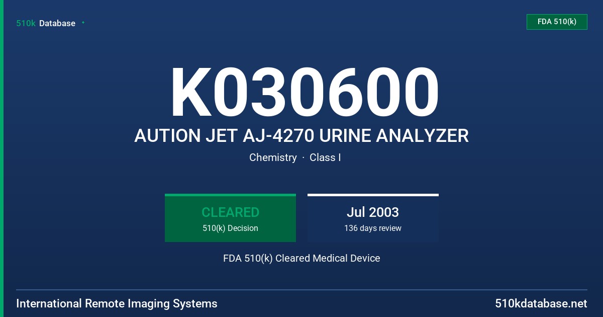 K030600 AUTION JET AJ-4270 URINE ANALYZER FDA 510(k) Cleared Medical Device