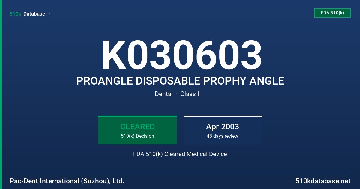 K030603 PROANGLE DISPOSABLE PROPHY ANGLE FDA 510(k) Cleared Medical Device