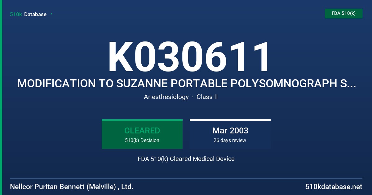 K030611 MODIFICATION TO SUZANNE PORTABLE POLYSOMNOGRAPH SYSTEM FDA 510(k) Cleared Medical Device