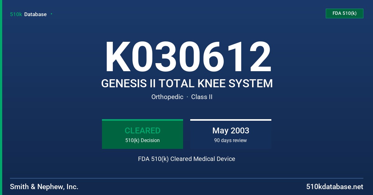 K030612 GENESIS II TOTAL KNEE SYSTEM FDA 510(k) Cleared Medical Device