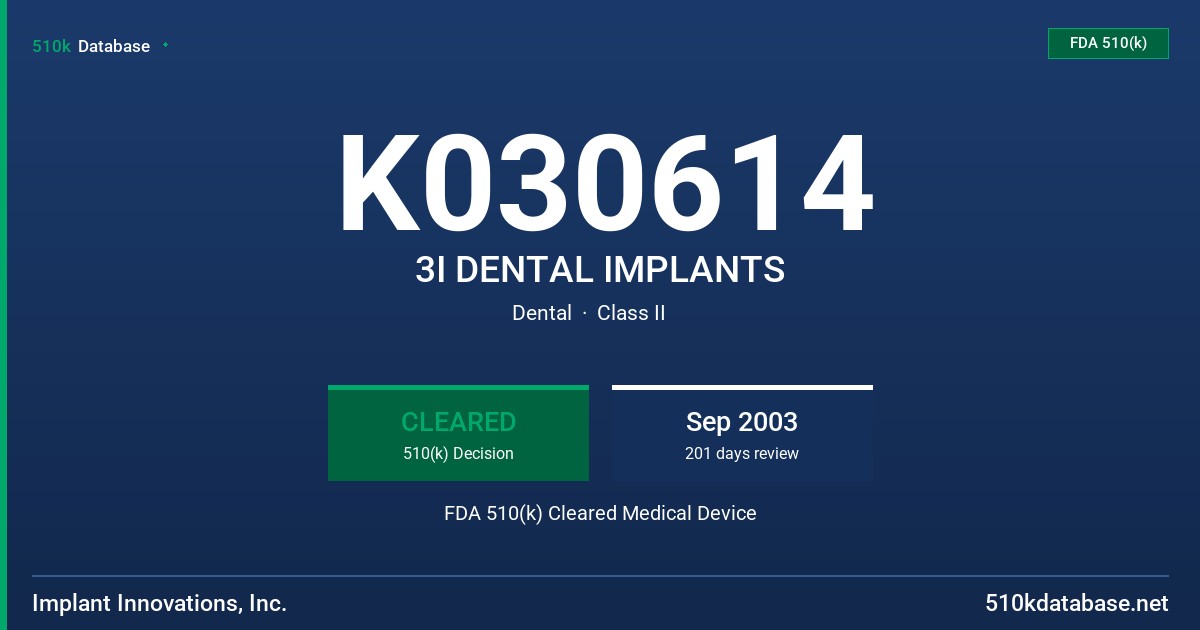 K030614 3I DENTAL IMPLANTS FDA 510(k) Cleared Medical Device