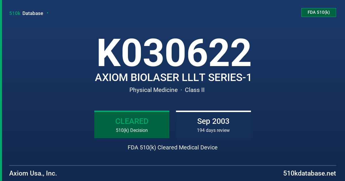 K030622 AXIOM BIOLASER LLLT SERIES-1 FDA 510(k) Cleared Medical Device