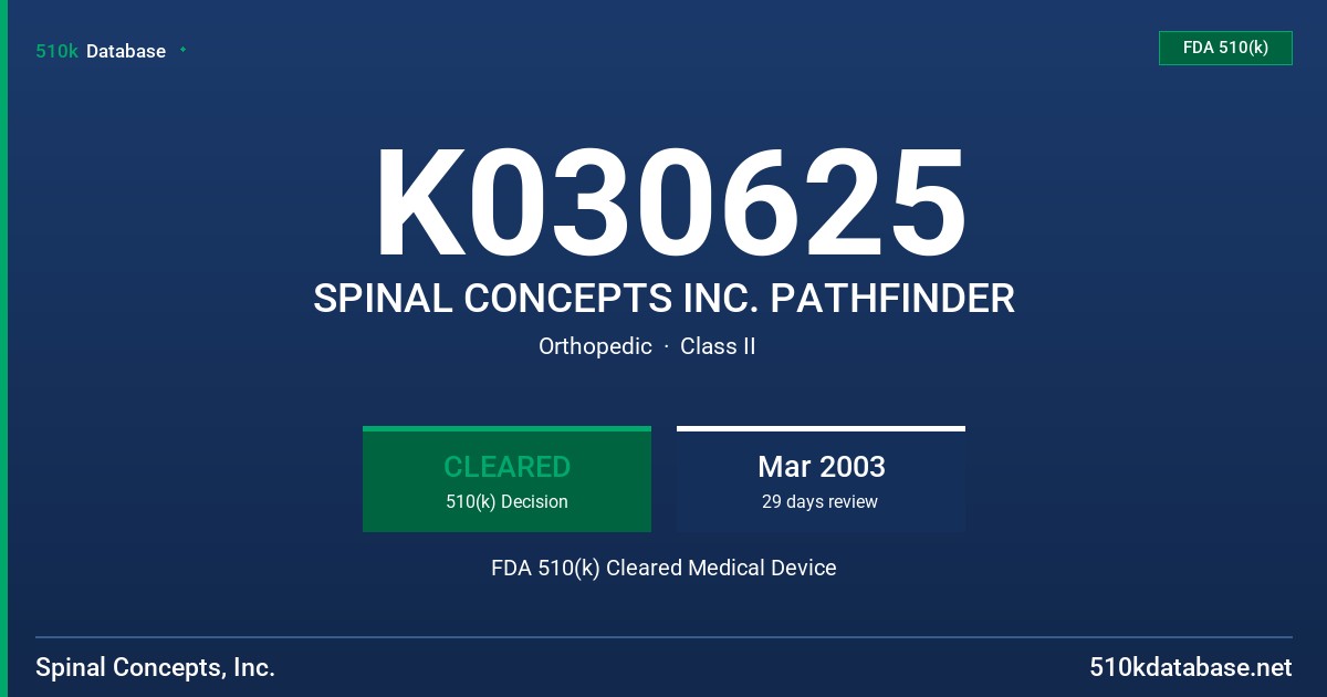 K030625 SPINAL CONCEPTS INC. PATHFINDER FDA 510(k) Cleared Medical Device