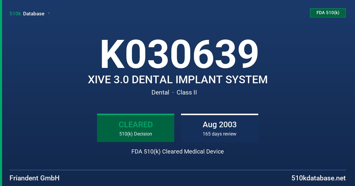 K030639 XIVE 3.0 DENTAL IMPLANT SYSTEM FDA 510(k) Cleared Medical Device