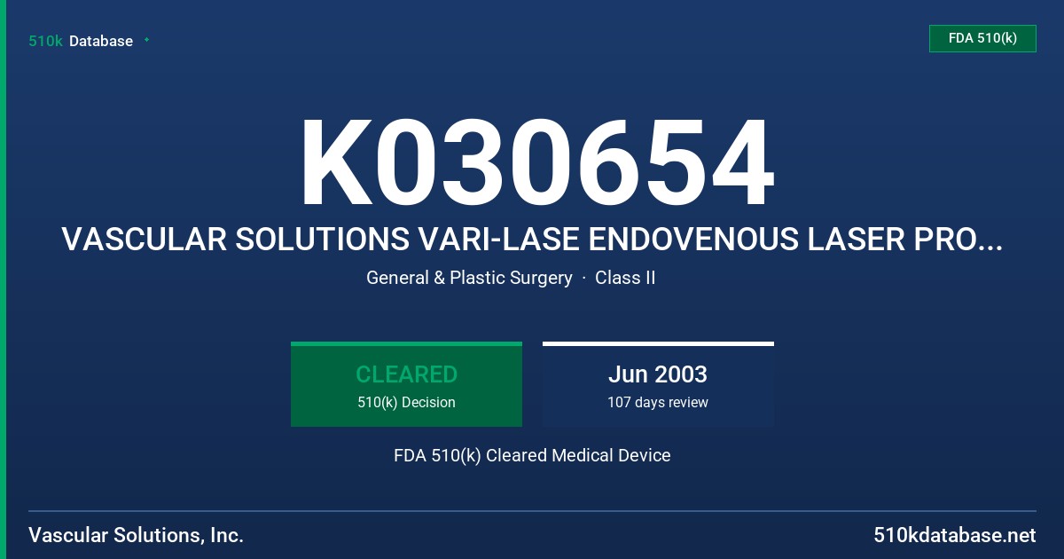 K030654 VASCULAR SOLUTIONS VARI-LASE ENDOVENOUS LASER PROCEDURE KIT FDA 510(k) Cleared Medical Device