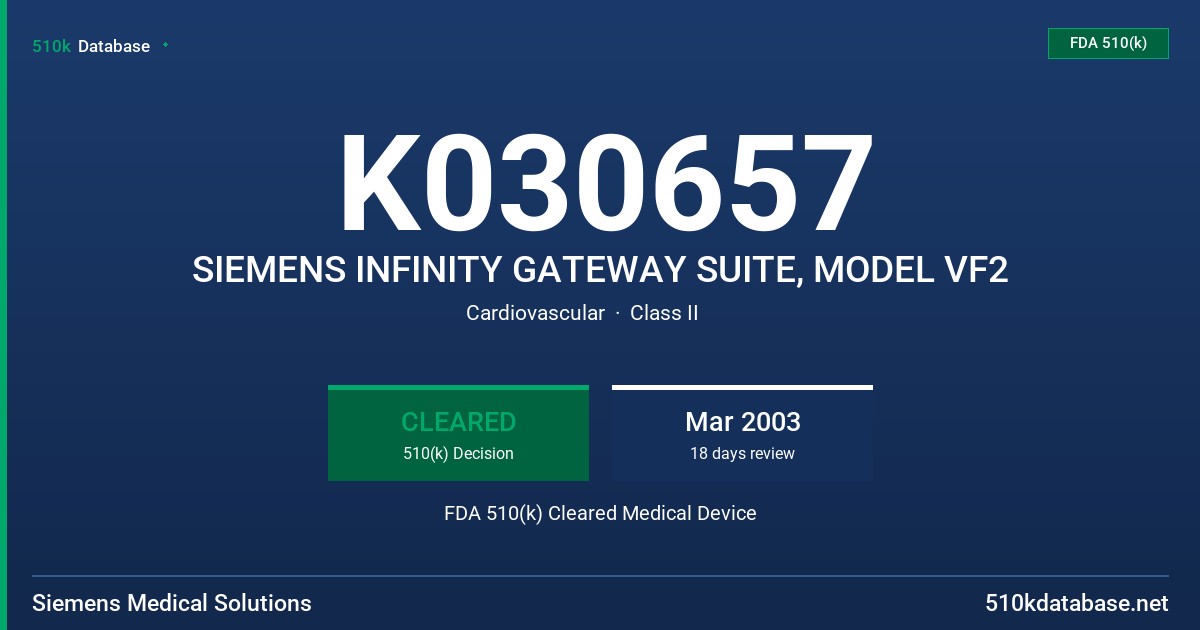 K030657 SIEMENS INFINITY GATEWAY SUITE, MODEL VF2 FDA 510(k) Cleared Medical Device