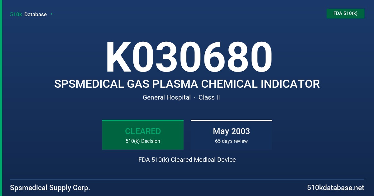 K030680 SPSMEDICAL GAS PLASMA CHEMICAL INDICATOR FDA 510(k) Cleared Medical Device