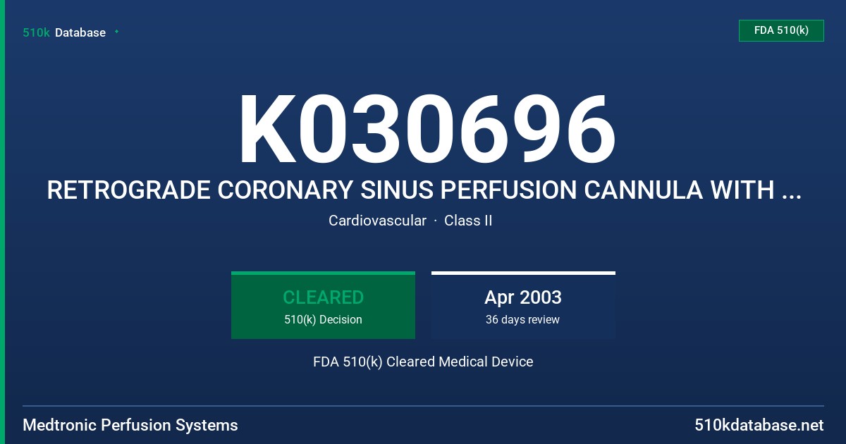 K030696 RETROGRADE CORONARY SINUS PERFUSION CANNULA WITH NO PRESSURE LINE (15 FRENCH, MANUAL AND AUTO INFLATE) FDA 510(k) Cleared Medical Device