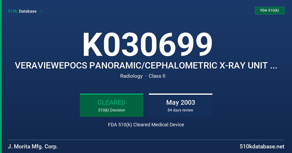 K030699 VERAVIEWEPOCS PANORAMIC/CEPHALOMETRIC X-RAY UNIT WITH  CEPHALOMETRIC FDA 510(k) Cleared Medical Device