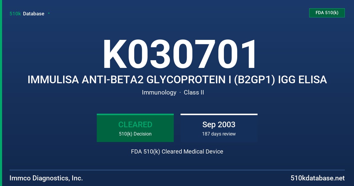 K030701 IMMULISA ANTI-BETA2 GLYCOPROTEIN I (B2GP1) IGG ELISA FDA 510(k) Cleared Medical Device