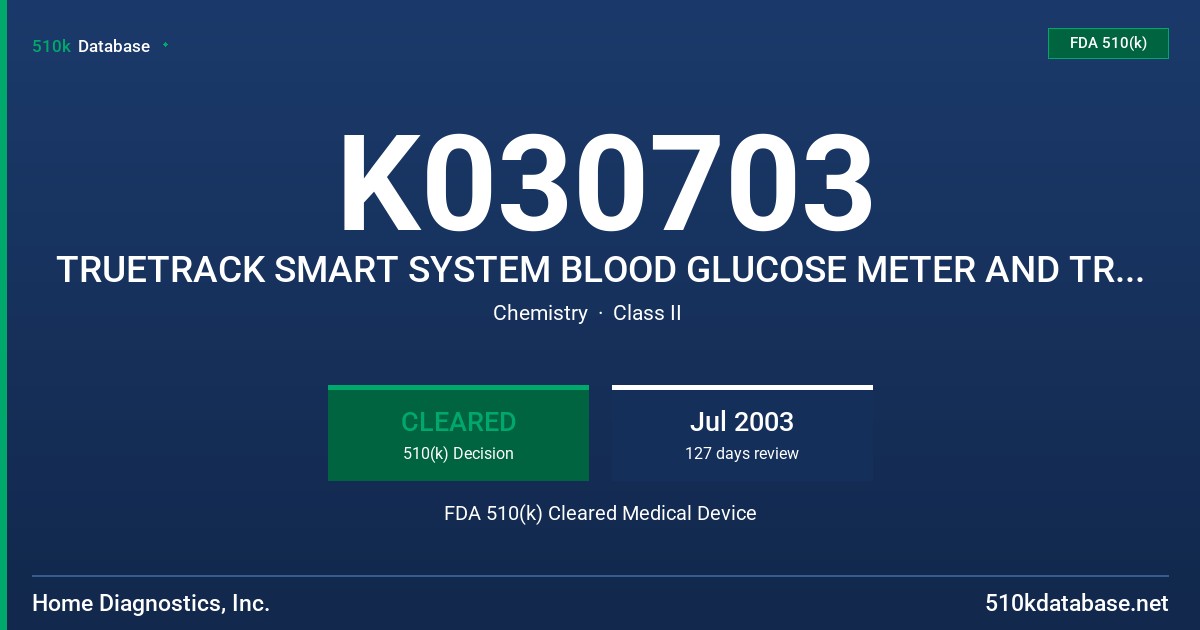 K030703 TRUETRACK SMART SYSTEM BLOOD GLUCOSE METER AND TRUE TRACK SMART SYSTEM BLOOD GLUCOSE TEST STRIPS FDA 510(k) Cleared Medical Device