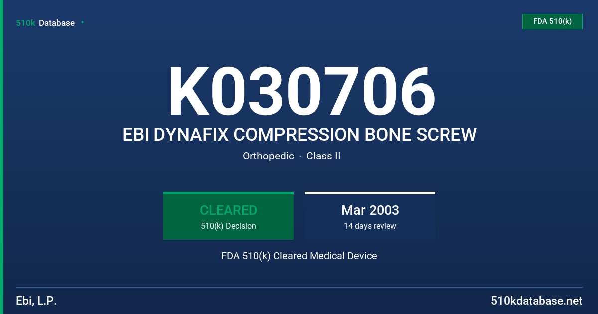 K030706 EBI DYNAFIX COMPRESSION BONE SCREW FDA 510(k) Cleared Medical Device