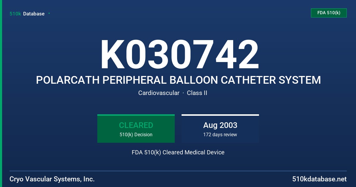 K030742 POLARCATH PERIPHERAL BALLOON CATHETER SYSTEM FDA 510(k) Cleared Medical Device