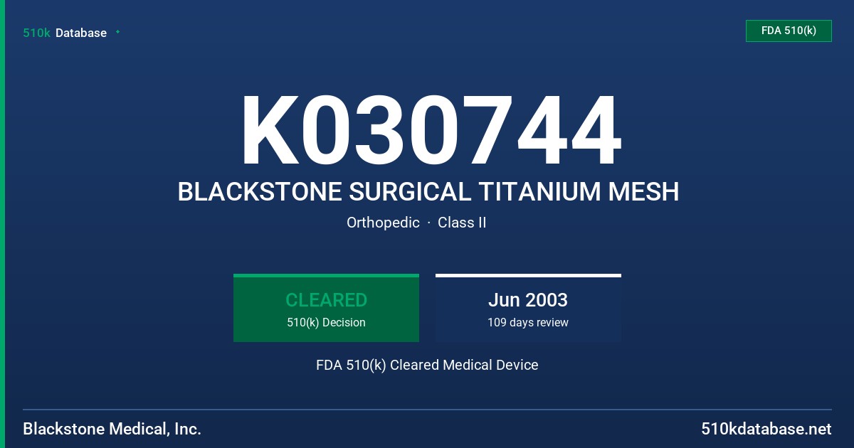 K030744 BLACKSTONE SURGICAL TITANIUM MESH FDA 510(k) Cleared Medical Device