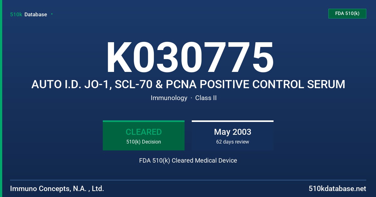 K030775 AUTO I.D. JO-1, SCL-70 & PCNA POSITIVE CONTROL SERUM FDA 510(k) Cleared Medical Device