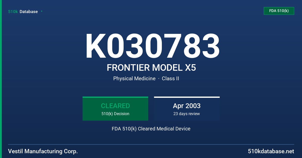 K030783 FRONTIER MODEL X5 FDA 510(k) Cleared Medical Device