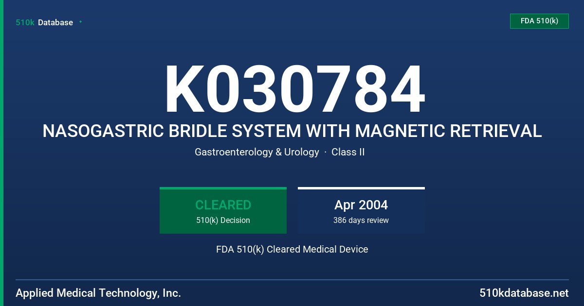 K030784 NASOGASTRIC BRIDLE SYSTEM WITH MAGNETIC RETRIEVAL FDA 510(k) Cleared Medical Device