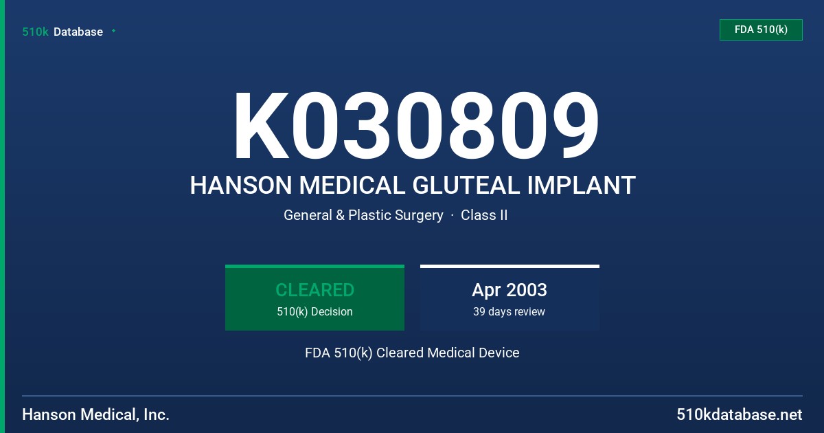 K030809 HANSON MEDICAL GLUTEAL IMPLANT FDA 510(k) Cleared Medical Device