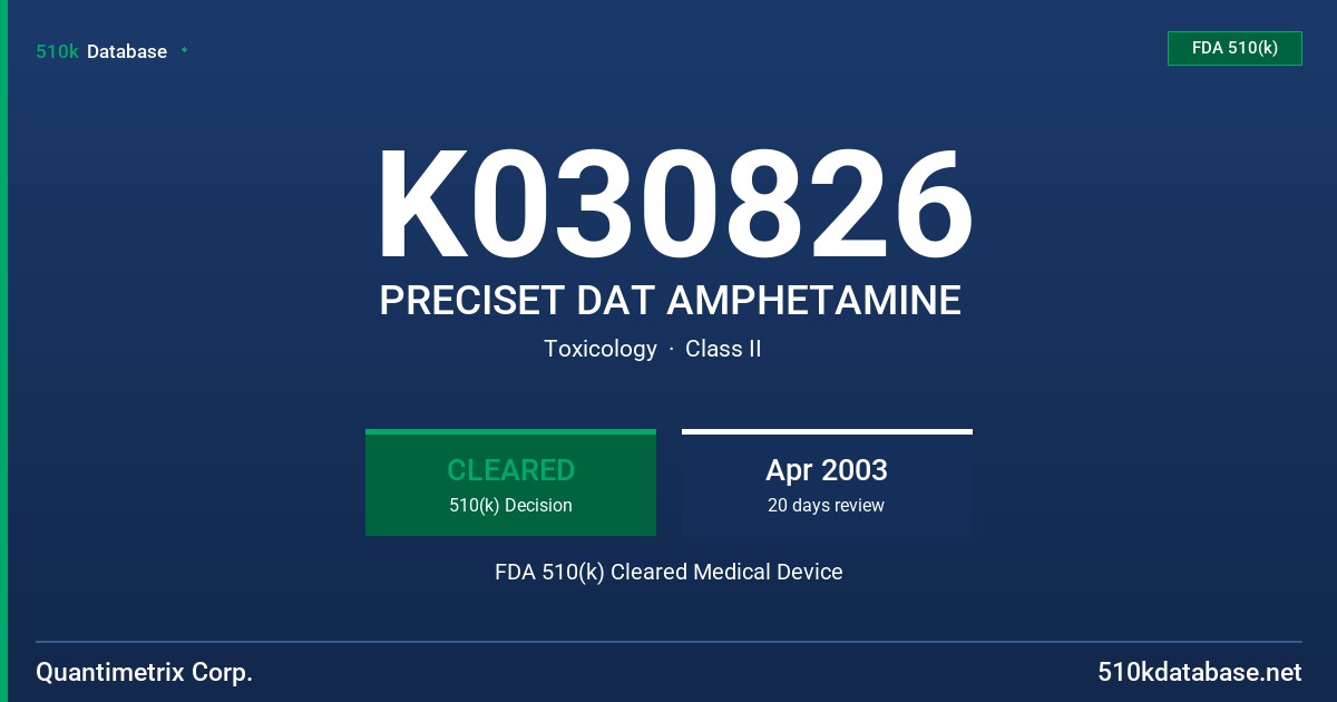 K030826 PRECISET DAT AMPHETAMINE FDA 510(k) Cleared Medical Device