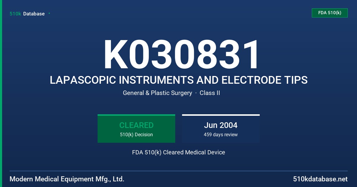 K030831 LAPASCOPIC INSTRUMENTS AND ELECTRODE TIPS FDA 510(k) Cleared Medical Device