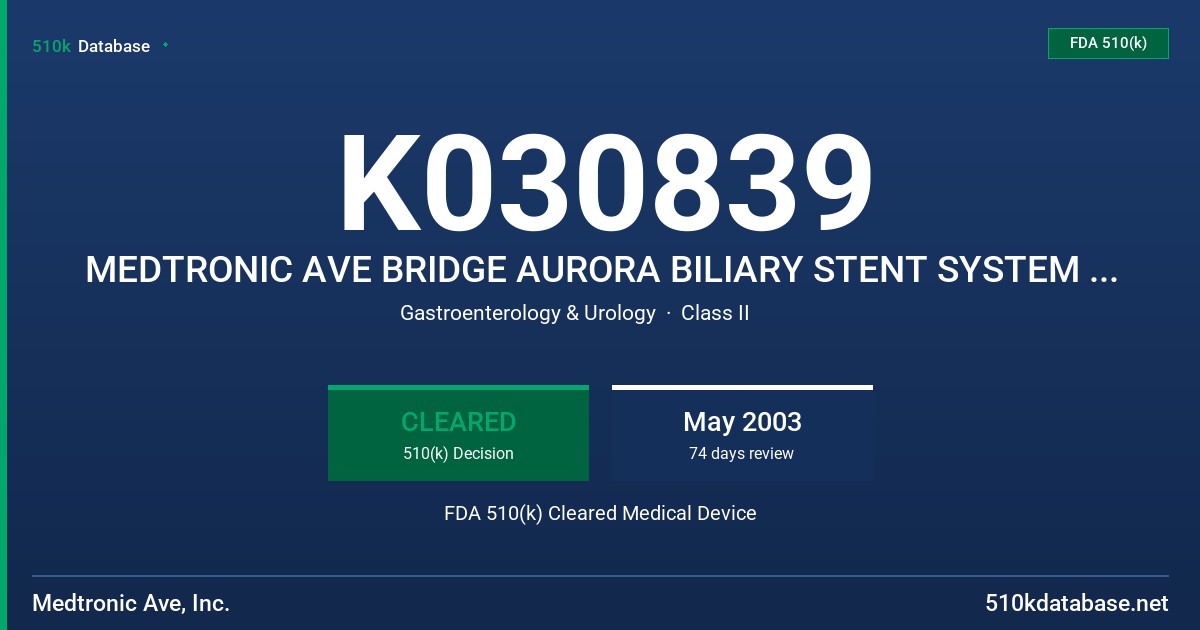 K030839 MEDTRONIC AVE BRIDGE AURORA BILIARY STENT SYSTEM (AURORA) FDA 510(k) Cleared Medical Device