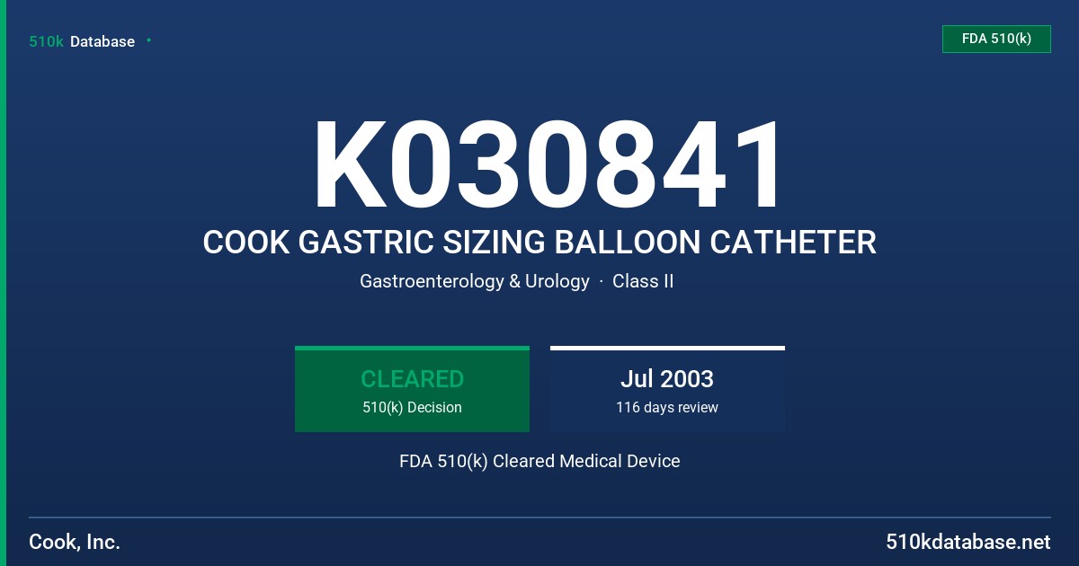 K030841 COOK GASTRIC SIZING BALLOON CATHETER FDA 510(k) Cleared Medical Device