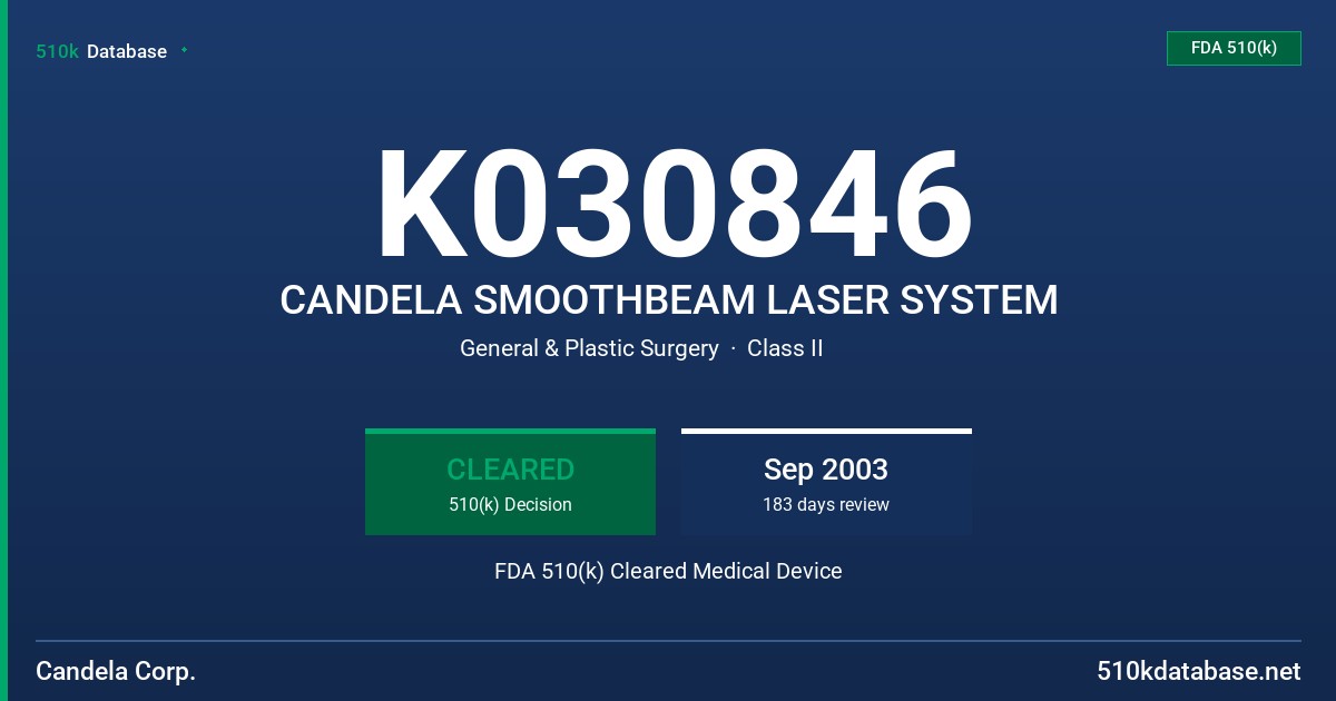 K030846 CANDELA SMOOTHBEAM LASER SYSTEM FDA 510(k) Cleared Medical Device