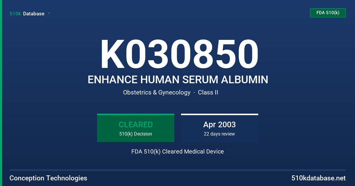 K030850 ENHANCE HUMAN SERUM ALBUMIN FDA 510(k) Cleared Medical Device