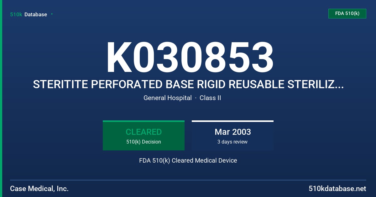 K030853 STERITITE PERFORATED BASE RIGID REUSABLE STERILIZATION CONTAINER SYSTEM WITH SCF02-POLYPROPYLENE NON-WOVEN DISPOSABLE FI FDA 510(k) Cleared Medical Device