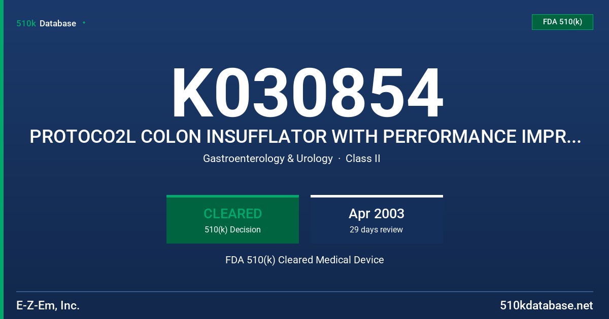 K030854 PROTOCO2L COLON INSUFFLATOR WITH PERFORMANCE IMPROVEMENTS, MODEL 6400 FDA 510(k) Cleared Medical Device