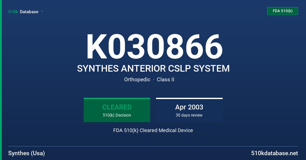 K030866 SYNTHES ANTERIOR CSLP SYSTEM FDA 510(k) Cleared Medical Device