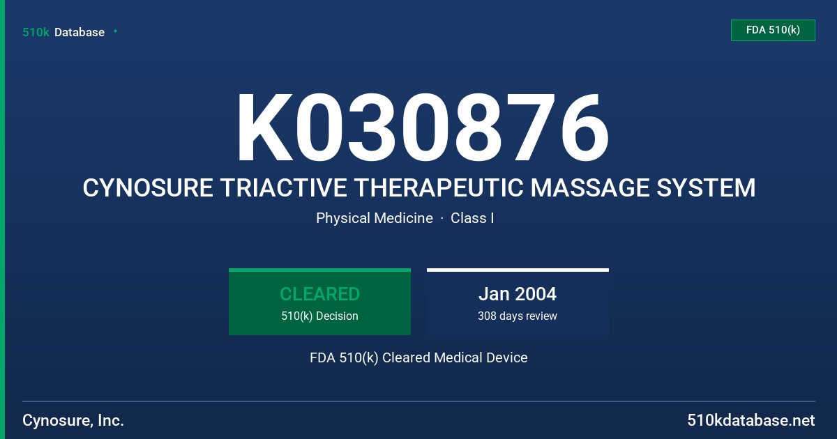 K030876 CYNOSURE TRIACTIVE THERAPEUTIC MASSAGE SYSTEM FDA 510(k) Cleared Medical Device