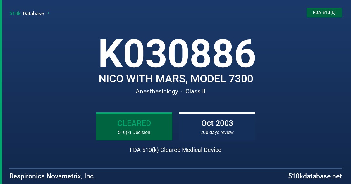 K030886 NICO WITH MARS, MODEL 7300 FDA 510(k) Cleared Medical Device