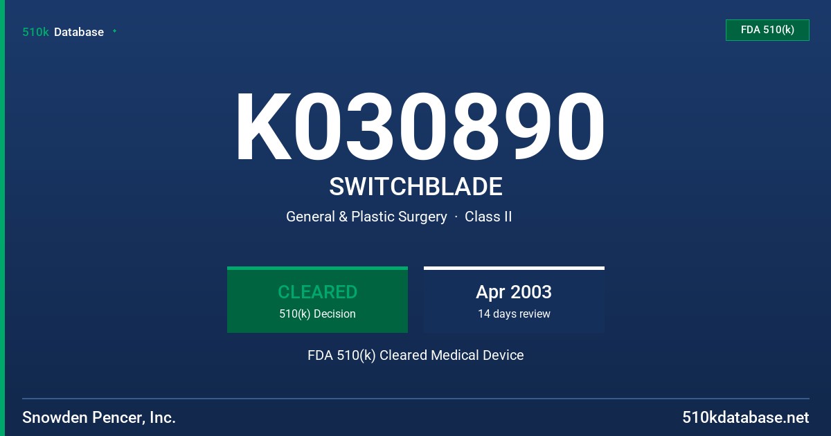 K030890 SWITCHBLADE FDA 510(k) Cleared Medical Device