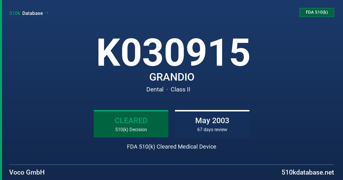 K030915 GRANDIO FDA 510(k) Cleared Medical Device