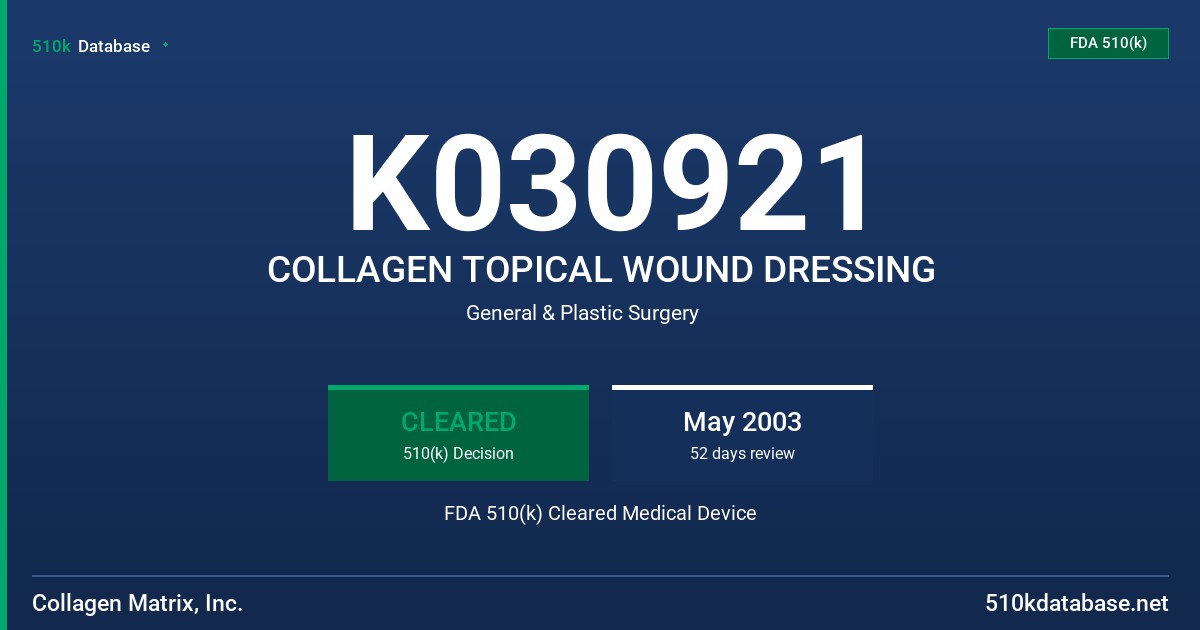 K030921 COLLAGEN TOPICAL WOUND DRESSING FDA 510(k) Cleared Medical Device