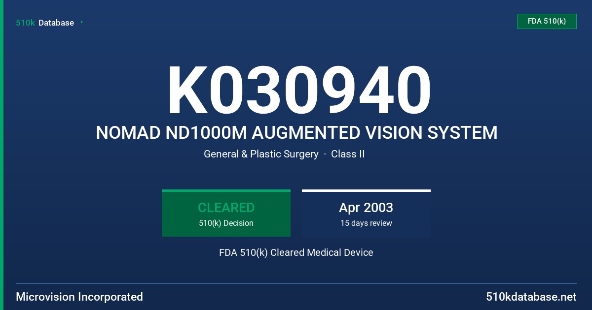 K030940 NOMAD ND1000M AUGMENTED VISION SYSTEM FDA 510(k) Cleared Medical Device