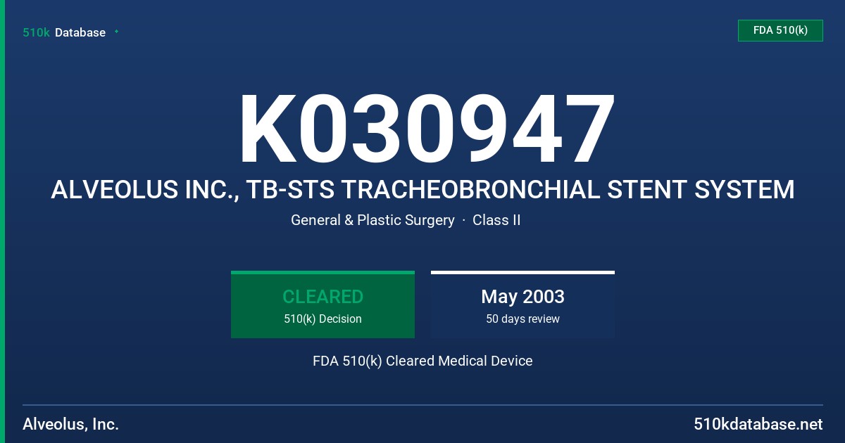 K030947 ALVEOLUS INC., TB-STS TRACHEOBRONCHIAL STENT SYSTEM FDA 510(k) Cleared Medical Device