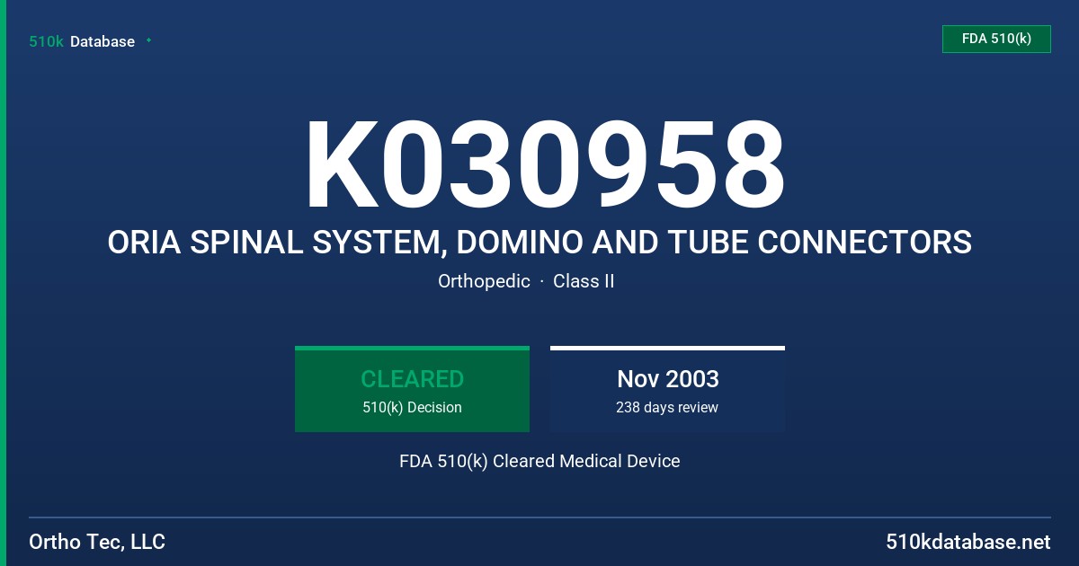 K030958 ORIA SPINAL SYSTEM, DOMINO AND TUBE CONNECTORS FDA 510(k) Cleared Medical Device